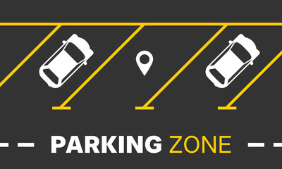 Illustration of a parking zone with car symbols, yellow parking lines, and location pins