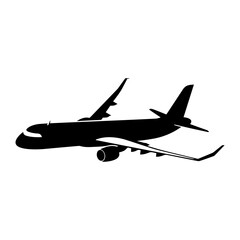 Fototapeta na wymiar Airplane vector silhouette icon, Plane In Flight, Black color Airplane vector silhouette isolated on white background