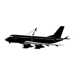 Airplane vector silhouette icon, Plane In Flight, Black color Airplane vector silhouette isolated on white background