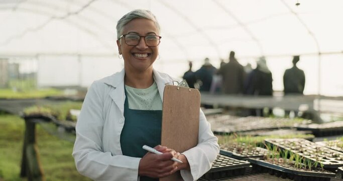Scientist, checklist and face of woman in greenhouse for medical research. Portrait, botanist and science professional with clipboard for farming, plant agriculture and mature expert smile in glasses