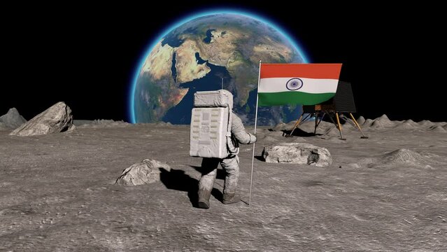 Lunar astronaut walks on the moon with Indian flag, sticks it into the lunar surface, and salutes. A spacecraft similar to Chandrayan 3 is visible. Some Elements of this video furnished by NASA.