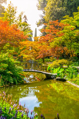 Japanese garden with small bridge at Villa Melzi in Bellagio. Como Lake, Italy