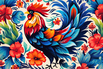 Image of pattern design using rooster and flowers and leaves. Farm animals. Illustration, Generative AI.