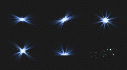 Blue star, bright particles, burning blue lights, stars, lasers, blue flash.