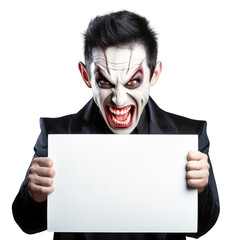 Man wears vampire halloween costume and make up and holds blank white sign.  - obrazy, fototapety, plakaty