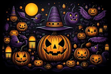 The colorful illustration of Halloween pumpkins and items. Pattern style. Generative Ai.