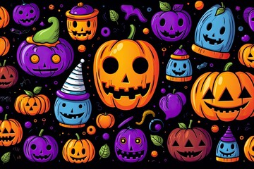 The colorful illustration of Halloween pumpkins and items. Pattern style. Generative Ai.