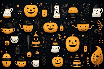 The colorful illustration of Halloween pumpkins and items. Pattern style. Generative Ai.