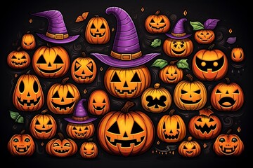 The colorful illustration of Halloween pumpkins and items. Pattern style. Generative Ai.