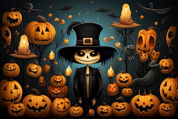 The colorful illustration of Halloween pumpkins, scarecrow and items. Pattern style. Generative Ai.