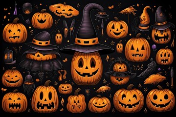 The colorful illustration of Halloween pumpkins and items. Pattern style. Generative Ai.
