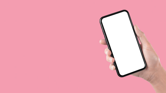 Hand Smartphone blanker Bildschirm Vorlage Banner Rosa