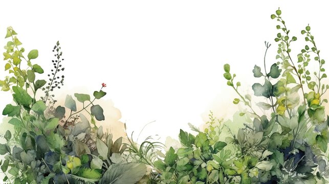 Watercolor background with hydrangea and eucalyptus