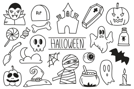 Hand drawn set of Halloween Days doodle illustrations. Drawing Halloween icons elements