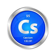Icon structure Cesium (Cs) chemical element round shape circle blue. Chemical element of the periodic table. Sign with atomic number. Study in science for education. 3D vector illustration.