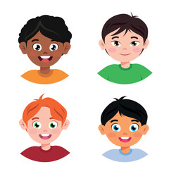 Set of cartoon multinational children, boys. Cute girls. Vector illustration in cartoon style. Cute children of different nationalities set