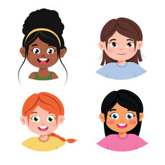 Set of cartoon multinational children, girls. Cute girls. Vector illustration in cartoon style. Cute children of different nationalities set