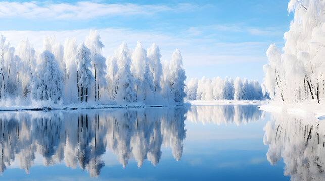 A lake reflects a breathtaking winter landscape, showcasing snow-covered trees and a clear blue sky. The focus of the photography is on the mirror-like ice surface and the vivid reflections.