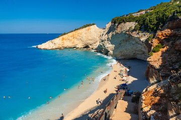 Stairs leading to Porto Katsiki beach on Lefkada island in summer, Greece