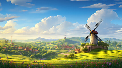 Naklejka premium windmill with rural cartoon background.Generative Ai