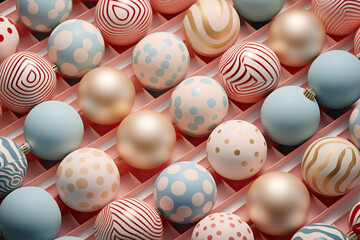 Obraz premium A mesmerizing pattern of pastel-colored christmas baubles and easter eggs come together to create a vibrant, joyful scene in the box