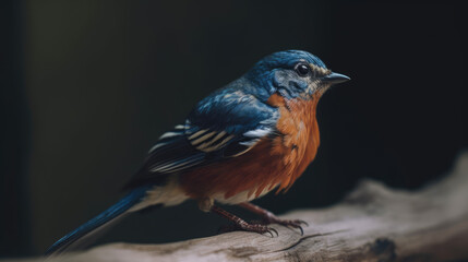 Fototapeta premium fascinated blue and orange bird perching on thin wood isolated on white background.