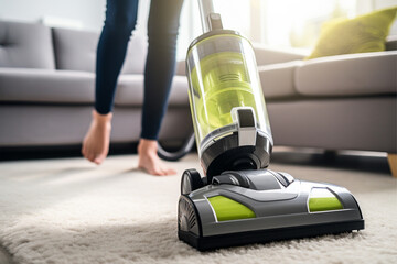 Woman does housework cleaning the floor under an electric vacuum cleaner. Generative AI