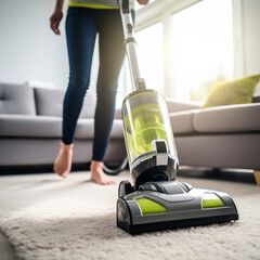Woman does housework cleaning the floor under an electric vacuum cleaner. Generative AI