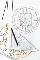 Astrology. Astrologer calculates natal chart and makes a forecast of fate Tarot cards, Fortune telling on tarot cards magic crystal, occultism, Esoteric background. Fortune telling,tarot predictions