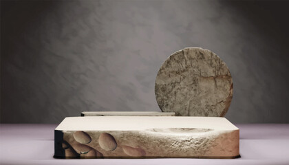 Stone podium rock pedestal stage empty scene luxury product display natural background for product placement 3d, vector
