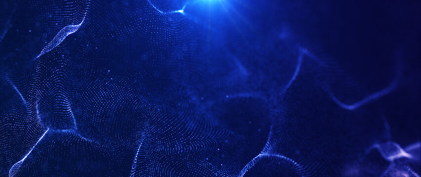 Blue particles shining dust with flare abstract background. Futuristic glittering in space.