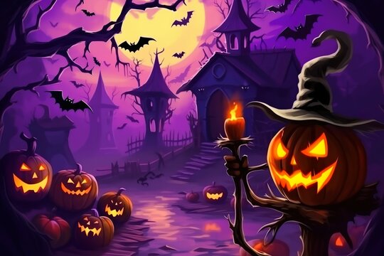 Halloween background with scary pumpkins candle and full moon at night with a castle background