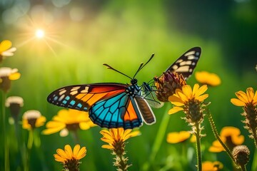 A vibrant, multicolored butterfly fluttering in a sun-drenched meadow - AI Generative