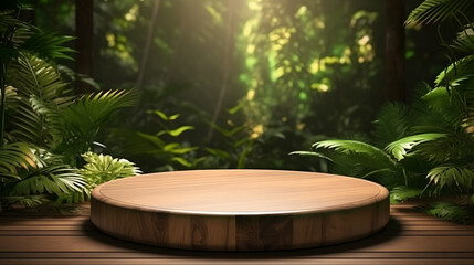 Wooden podium in tropical forest for product presentation
