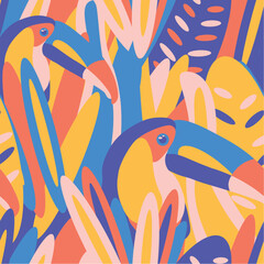 Toucan pattern (Vector wallpaper). Can be printed on any material: package, merch, fabric, home. - obrazy, fototapety, plakaty