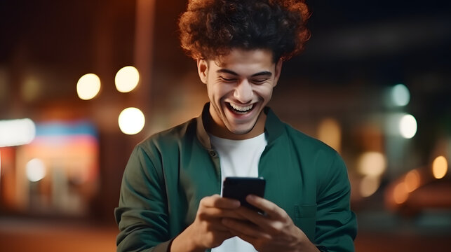 Young hispanic student celebrating victory and happy good news online, man reading page interent received notification and message, hold phone, use app win and good achievement 
