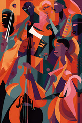 Musicians create a vibrant abstract with colorful musical instruments