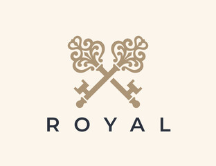 Crossed vintage keys icon. Luxury real estate agency logo mark design. Royal property realtor emblem. Vector illustration.