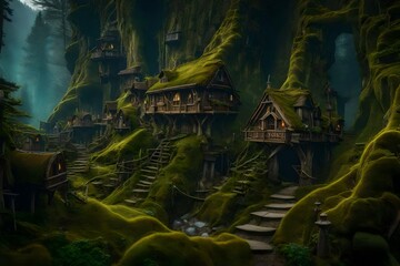 Fototapeta premium fantasy style, dwarf settlement, but there are no gnomes in the picture, tree houses, trails, moss - AI Generative