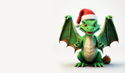 Green terrible scary oriental dragon in a red Santa Claus hat, with big wings, on a white background