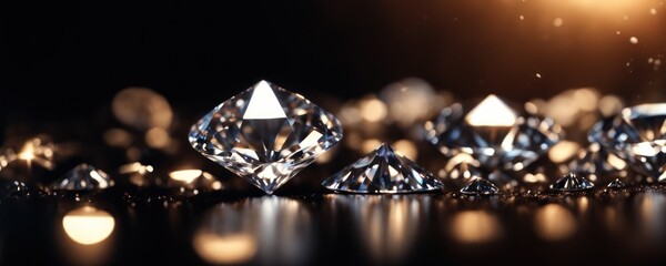 Brilliant diamonds on a dark background. 3d rendering.Close up macro a lot of faceted diamond falling