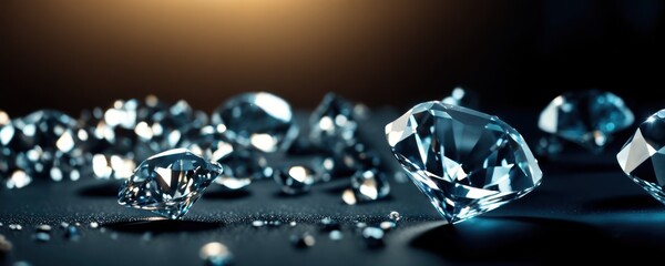 Brilliant diamonds on a dark background. 3d rendering.Close up macro a lot of faceted diamond falling - obrazy, fototapety, plakaty