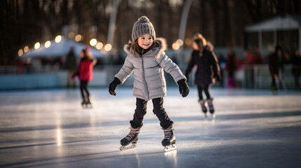 Obraz premium Generative AI, little girl skates on a rink in the park in winter, skater, ice, sport, training, child, toddler, childhood, skates, competition