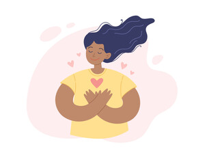 Self help concept. Young positive african american woman with her hand on the chest, gratitude and peace. Vector illustration in minimalist style