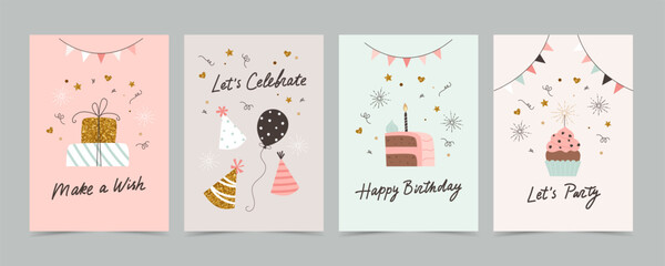 Fototapeta na wymiar Happy birthday card set with cake, balloons and calligraphy. Cute and elegant vector illustration templates in simple style
