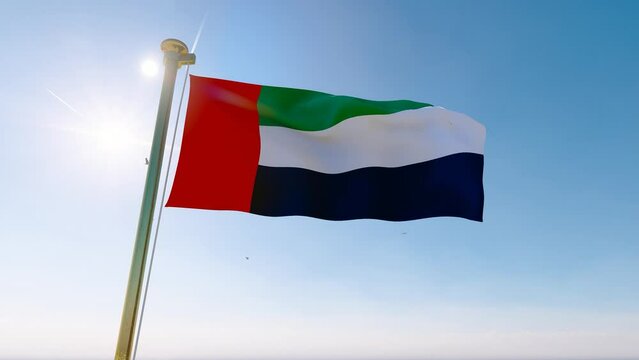 Flag of the United Arab Emirates. Flag of United Arab Emirates waving in the wind, sky and sun background. Dubai Flag Video. Realistic Animation, 4K UHD. 3D Animation