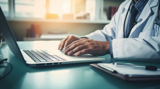 Doctor Using Laptop At Desk In Clinic Working On Computer At Room Hospital Or Clinic, Medical Technology, Disease Treatment And Health Care, Stethoscopet, Generative AI