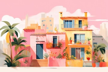 Colorful Mediterranean Village Building. Charming European Architecture. 