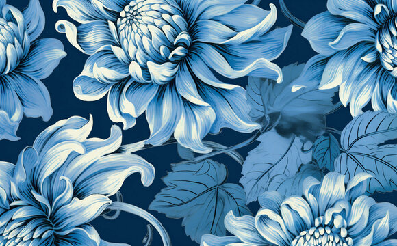 design floral illustration decoration vintage flower pattern background leaf seamless blue. Generative AI. © VICHIZH