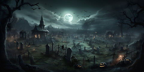 3d illustration of a halloween concept dark background of a castle and graveyard horror background - obrazy, fototapety, plakaty